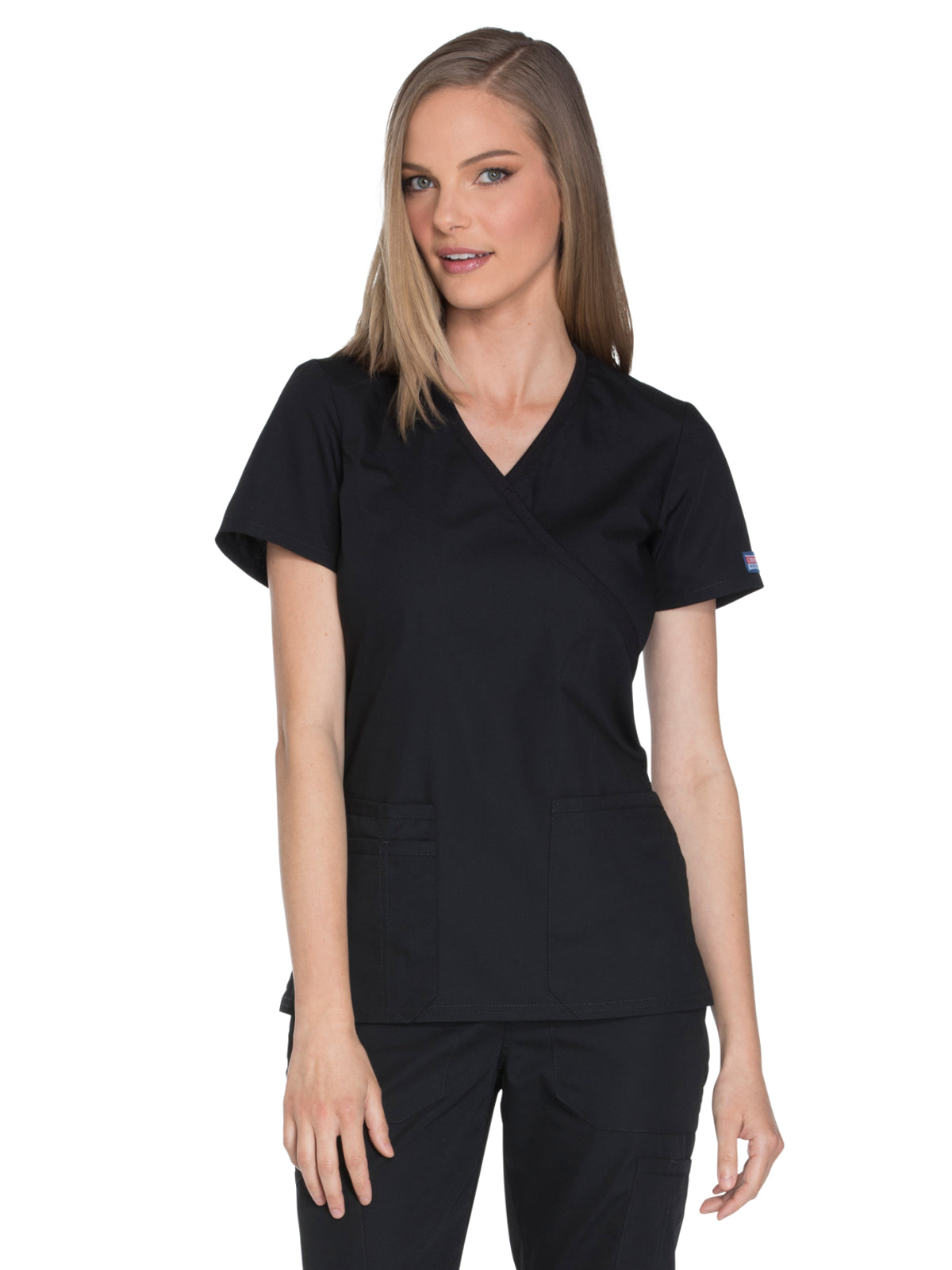 Women's 2-Pocket Mock Wrap Scrub Top - WW650 - Black