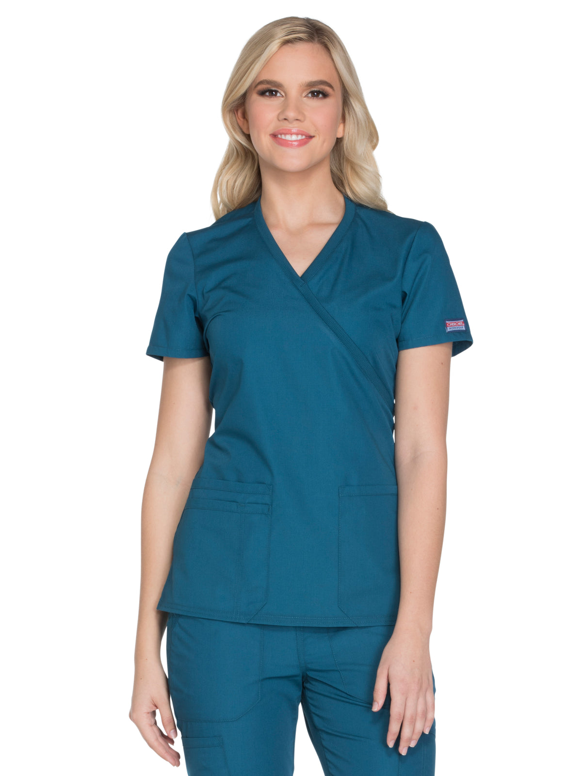 Women's 2-Pocket Mock Wrap Scrub Top - WW650 - Caribbean Blue