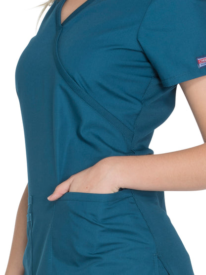 Women's 2-Pocket Mock Wrap Scrub Top - WW650 - Caribbean Blue