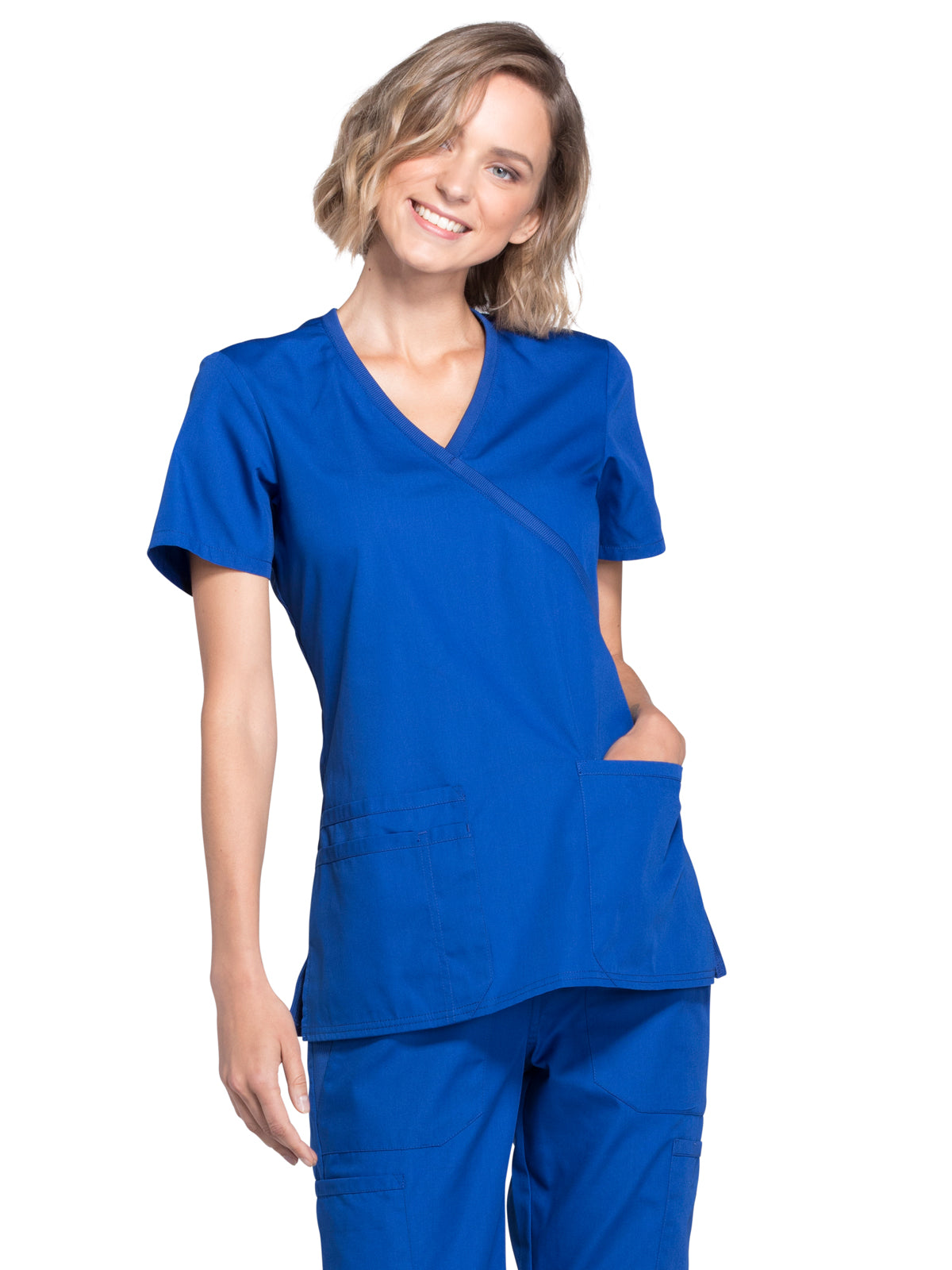 Women's 2-Pocket Mock Wrap Scrub Top - WW650 - Galaxy Blue