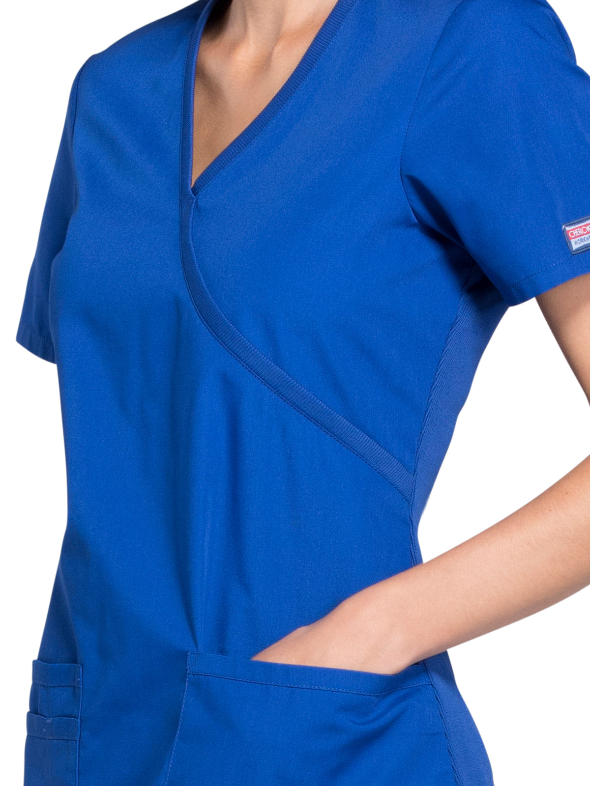 Women's 2-Pocket Mock Wrap Scrub Top - WW650 - Galaxy Blue