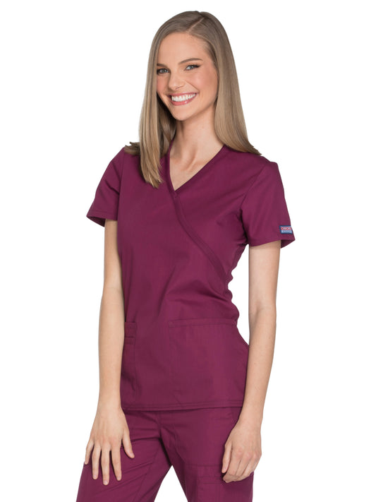 Women's 2-Pocket Mock Wrap Scrub Top - WW650 - Wine