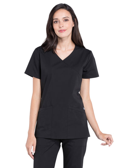 Women's 2-Pocket Mock Wrap Scrub Top - WW655 - Black