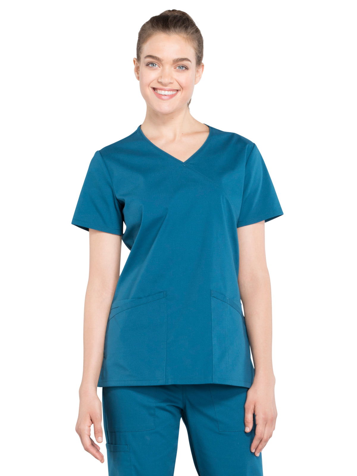 Women's 2-Pocket Mock Wrap Scrub Top - WW655 - Caribbean Blue