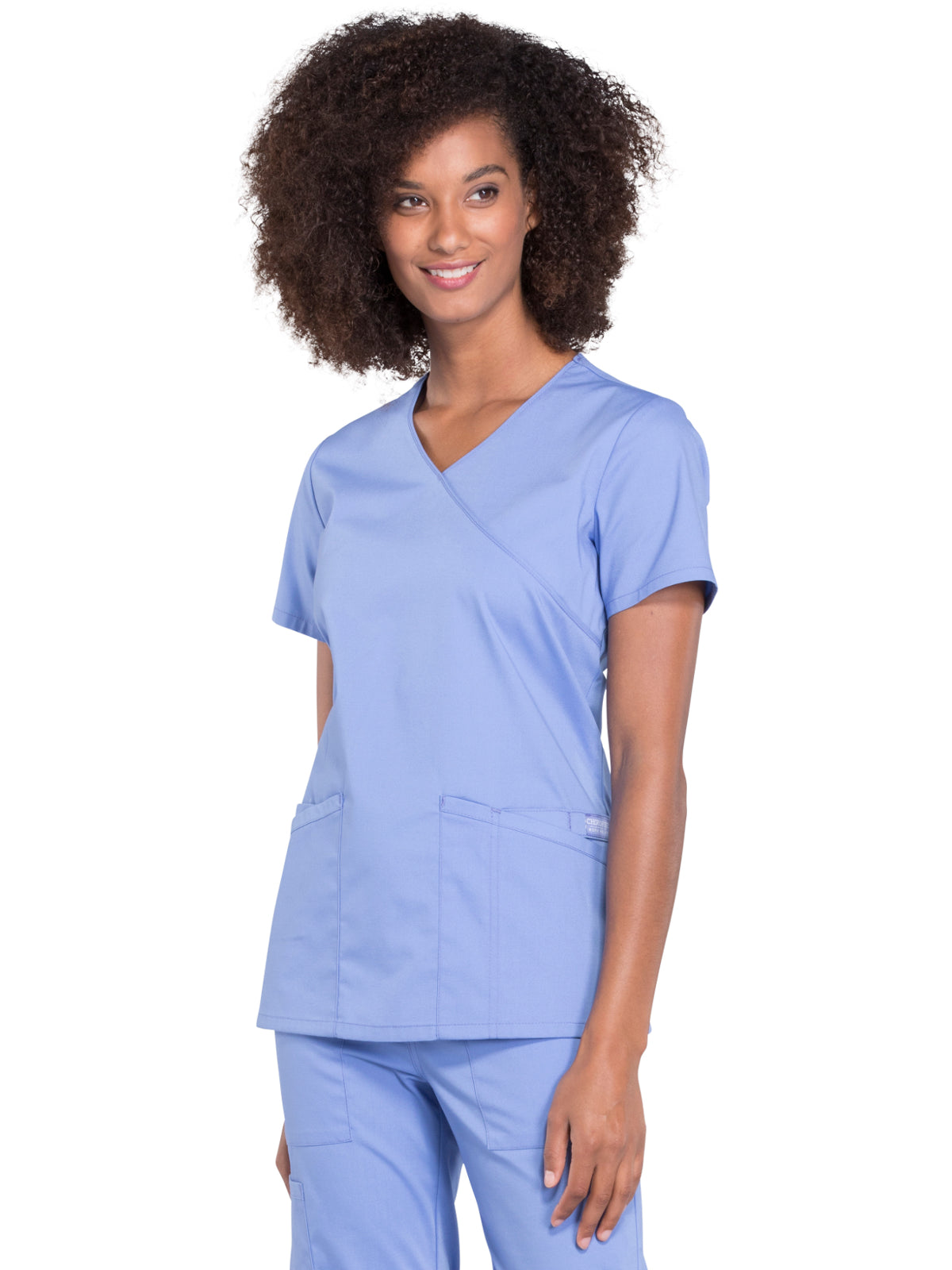 Women's 2-Pocket Mock Wrap Scrub Top - WW655 - Ciel Blue