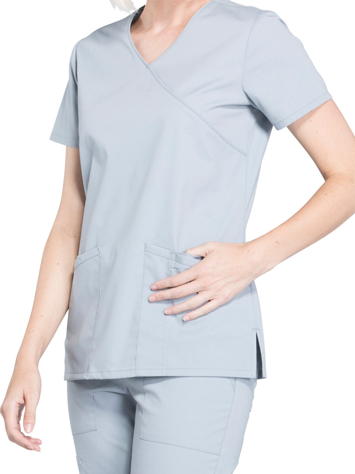 Women's 2-Pocket Mock Wrap Scrub Top - WW655 - Grey