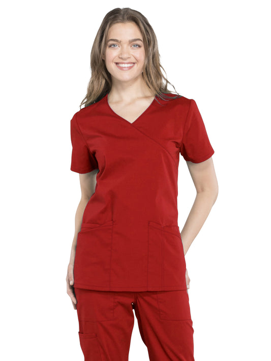 Women's 2-Pocket Mock Wrap Scrub Top - WW655 - Red