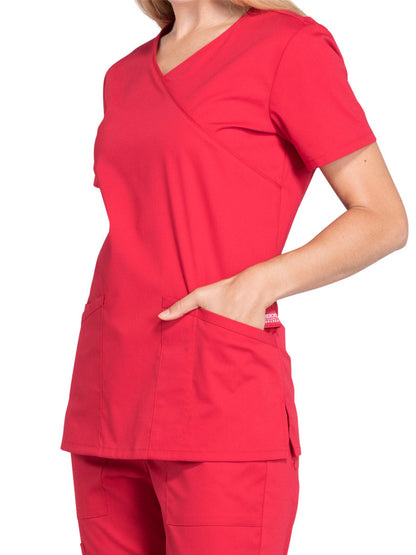 Women's 2-Pocket Mock Wrap Scrub Top - WW655 - Red