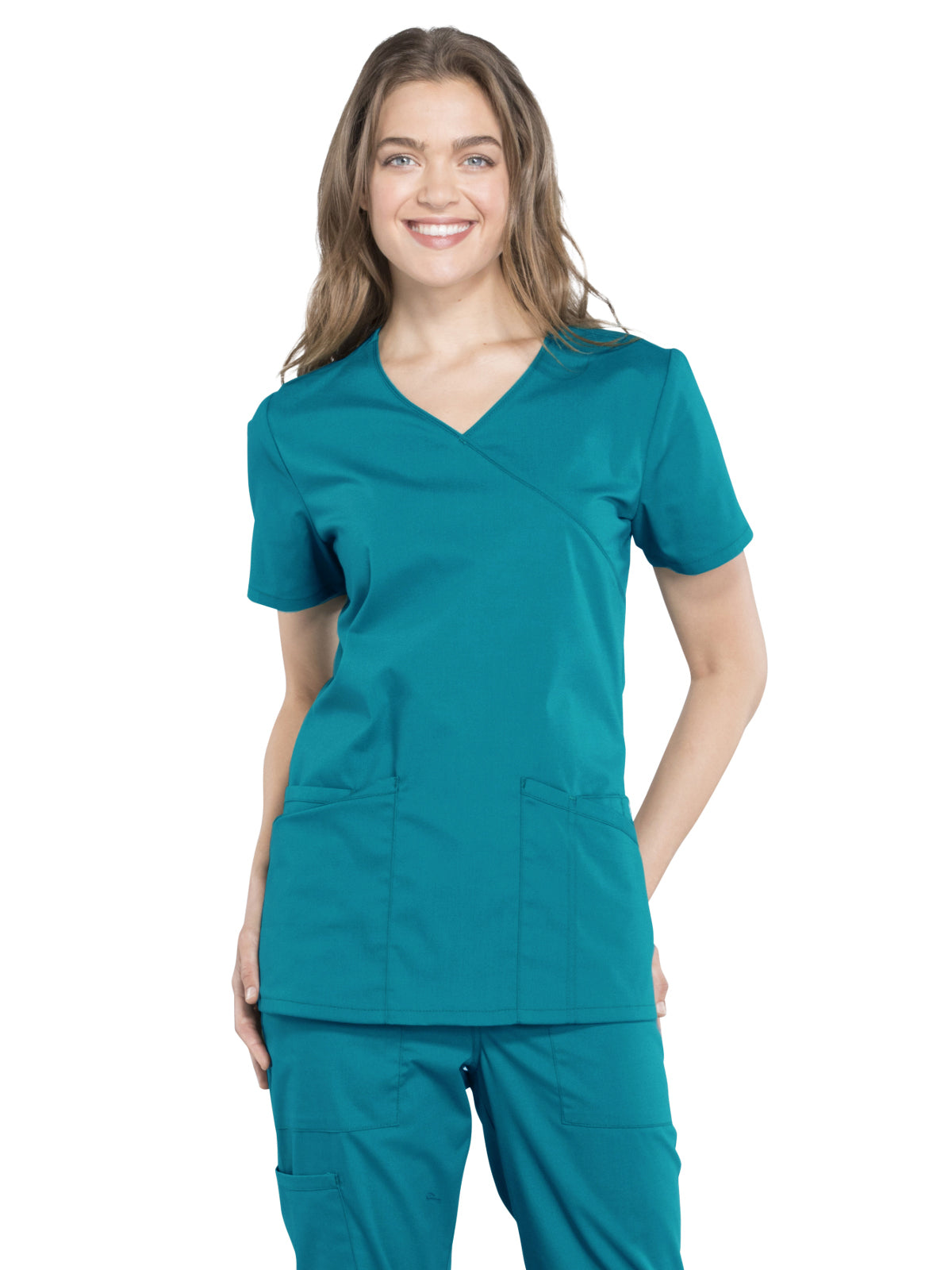 Women's 2-Pocket Mock Wrap Scrub Top - WW655 - Teal Blue