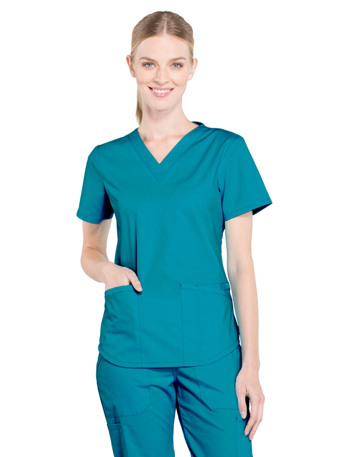 Women's 3-Pocket V-Neck Top - WW665 - Teal Blue