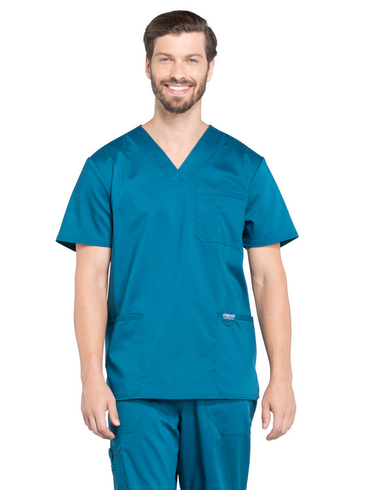 Men's 3-Pocket V-Neck Scrub Top - WW670 - Caribbean Blue