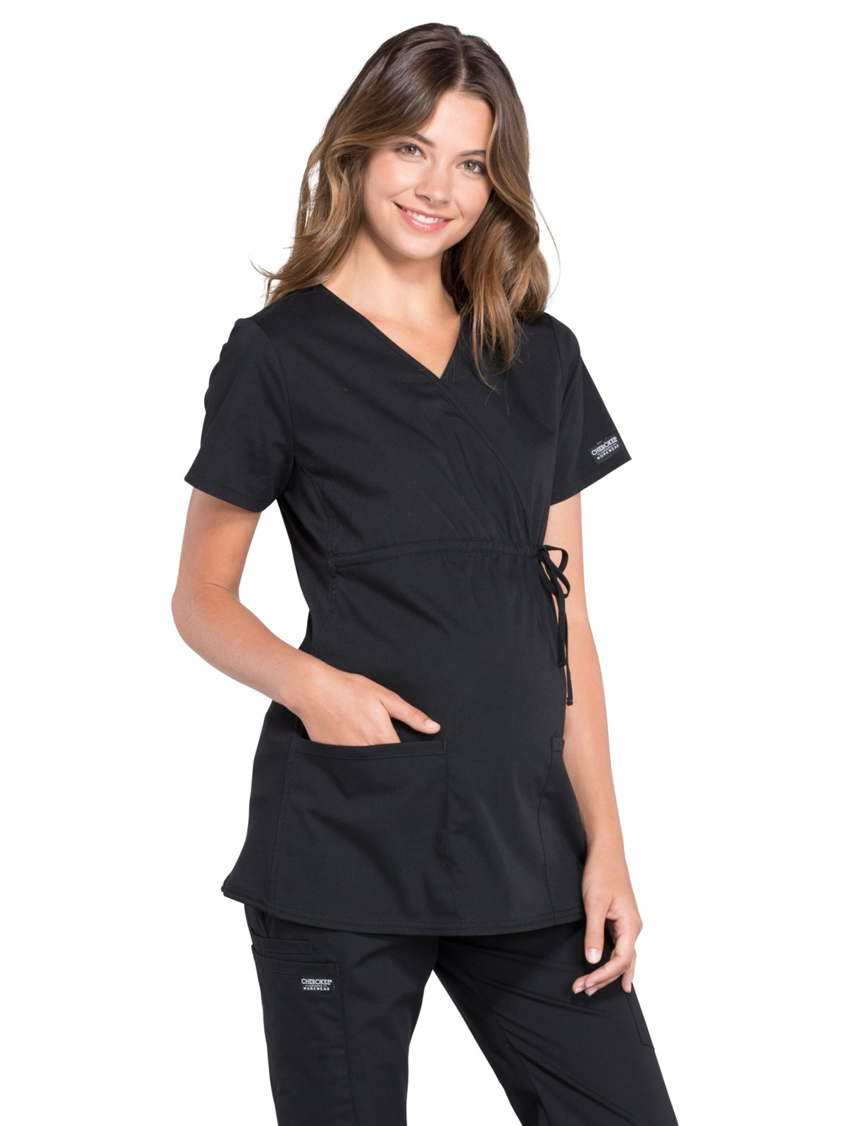 Women's 2-Pocket Maternity Mock Wrap Scrub Top - WW685 - Black