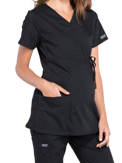 Women's 2-Pocket Maternity Mock Wrap Scrub Top - WW685 - Black