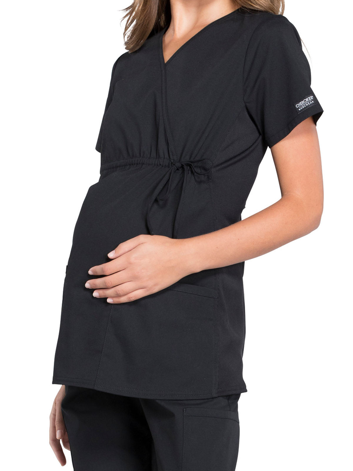 Women's 2-Pocket Maternity Mock Wrap Scrub Top - WW685 - Black