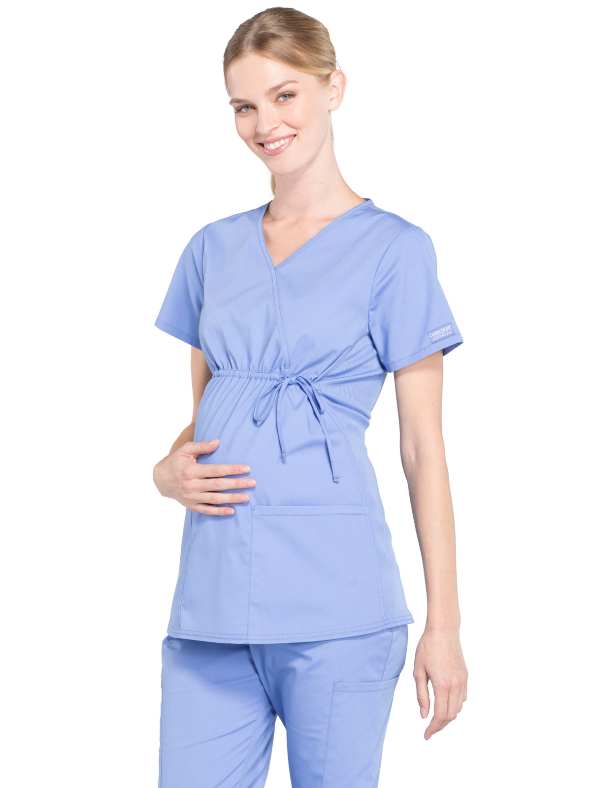 Women's 2-Pocket Maternity Mock Wrap Scrub Top - WW685 - Ciel Blue