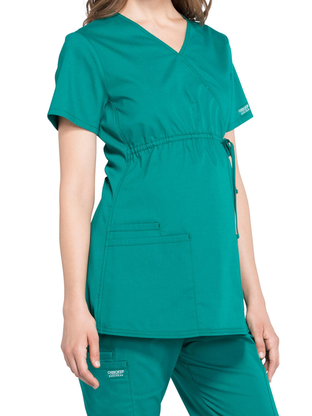 Women's 2-Pocket Maternity Mock Wrap Scrub Top - WW685 - Hunter Green