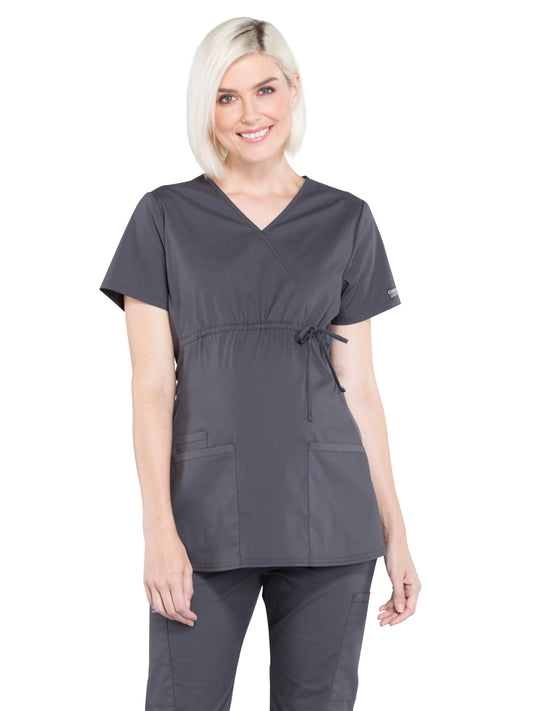 Women's 2-Pocket Maternity Mock Wrap Scrub Top - WW685 - Pewter