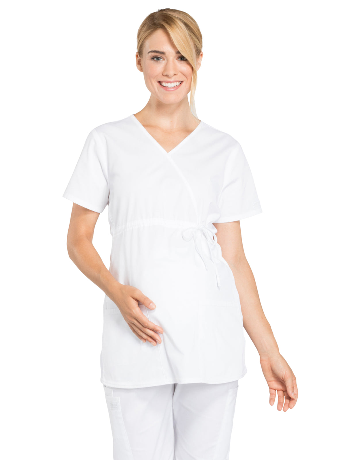 Women's 2-Pocket Maternity Mock Wrap Scrub Top - WW685 - White