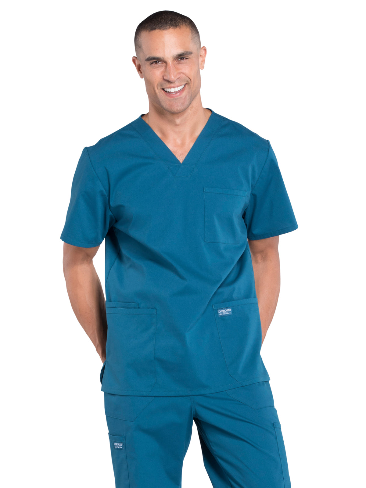 Men's 4-Pocket V-Neck Scrub Top - WW695 - Caribbean Blue