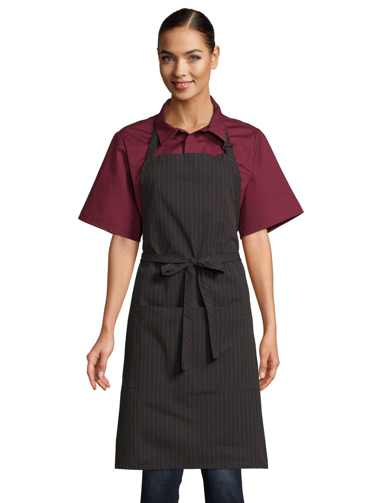 Unisex Sliding Adjustable Neck Apron - 3018 - Red/Blk Pinstripe