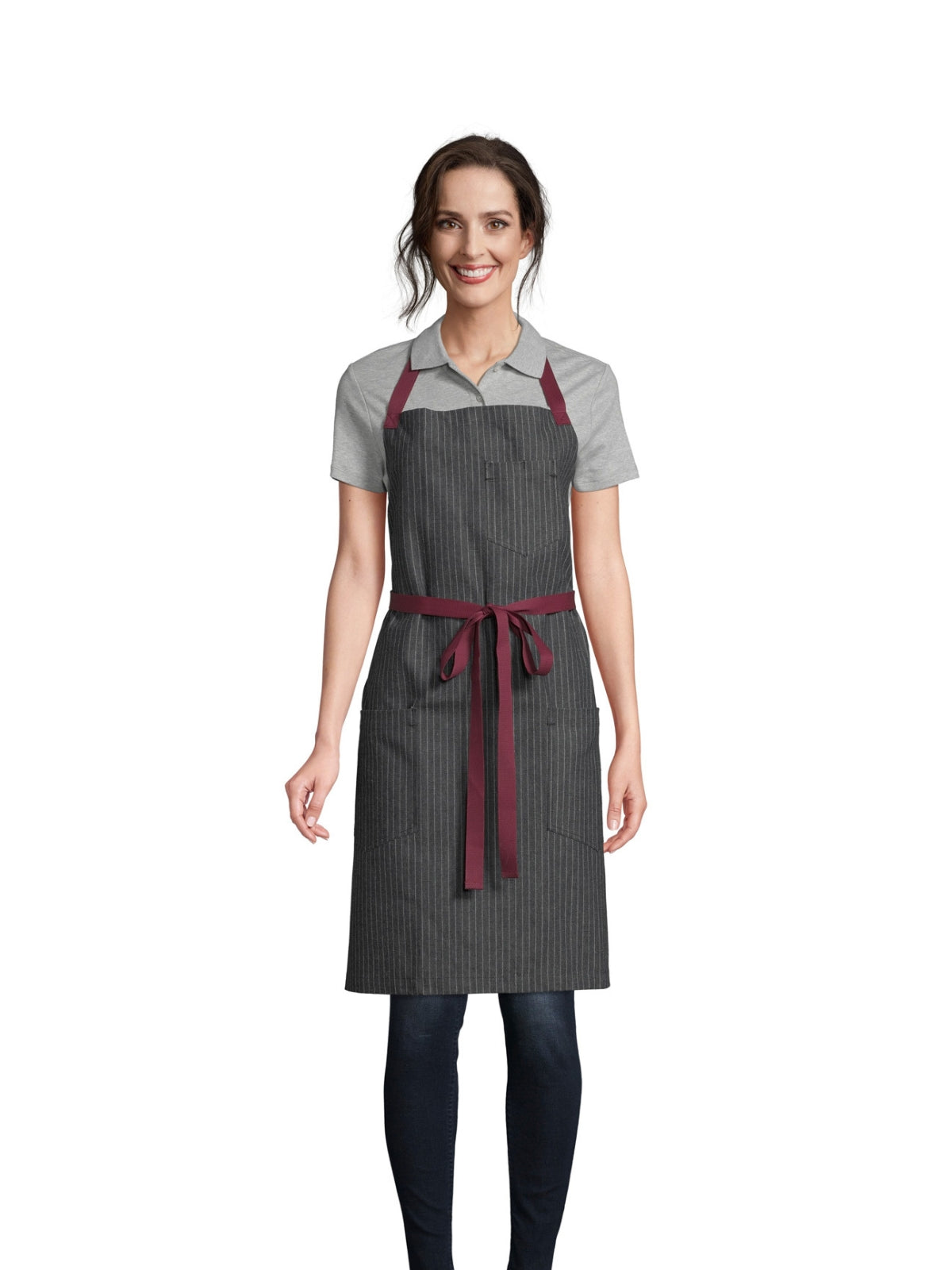 Unisex Apron - 3104 - Pinstripe Denim/Burgundy