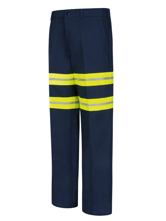 Men's Wrinkle-Resistant Cotton Work Pant - PC20 - Navy with Yellow/Green Visibility Trim