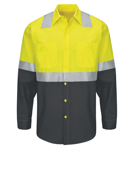 Men's Hi-Visibility Long Sleve Ripstop Work Shirt - SY14 - Hi-Vis Yellow/Charcoal
