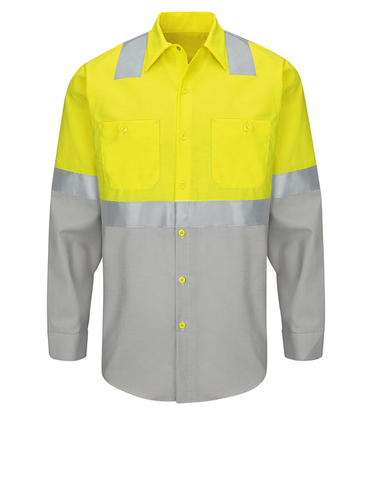 Men's Hi-Visibility Long Sleve Ripstop Work Shirt - SY14 - Fluorescent Yellow/Green and Gray