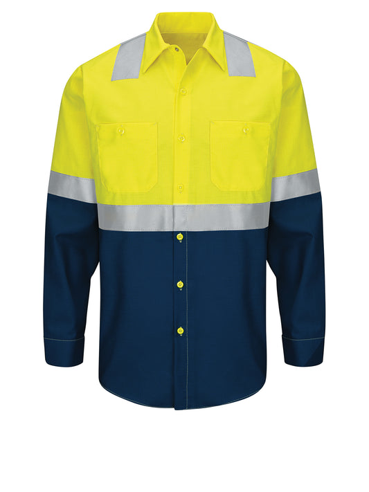 Men's Long Sleeve Hi-Visibility Work Short - SY14YN - Fluorescent Yellow/Green and Navy