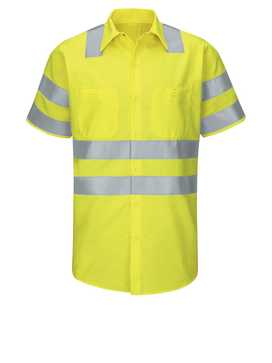 Men's Hi-Visibility Short Sleve Ripstop Work Shirt - SY24 - Fluorescent Yellow