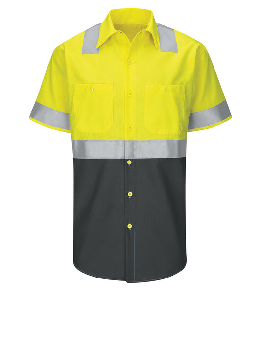 Men's Hi-Visibility Short Sleve Ripstop Work Shirt - SY24 - Fluorescent Yellow/Charcoal