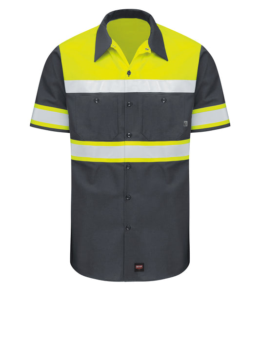 Men's Hi-Visibility Short Sleeve Color Block Ripstop Work Shirt - Type O, Class 1 - SY80 - Fluorescent Yellow/Charcoal