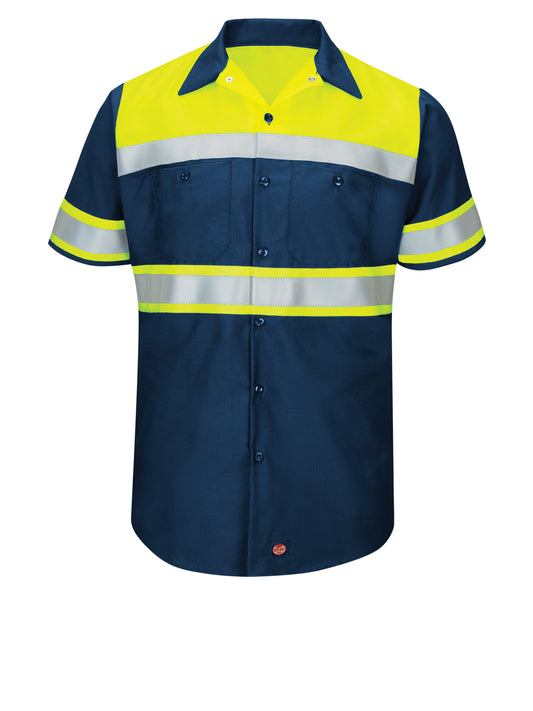 Men's Hi-Visibility Short Sleeve Color Block Ripstop Work Shirt - Type O, Class 1 - SY80 - Fluorescent Yellow/Navy